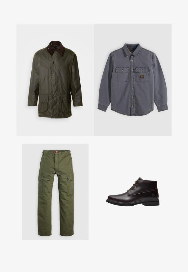 Barbour BEAUFORT - Kurzmantel - archive olive; Langärmliges dunkelgraues Hemd mit Knöpfen und Kragen, zwei Brusttaschen mit Klappen und Knöpfen sowie einem kleinen rechteckigen Aufnäher auf der rechten Tasche.; Olivgrüne Cargo-Hosen aus strapazierfähigem Material, mit Seitentaschen, Knopfverschluss und geradem Bein.; Dunkelbrauner Leder-Schnürstiefel mit schwarzer Sohle und dezentem Markenlogo an der Seite, im Profil vor weißem Hintergrund gezeigt.