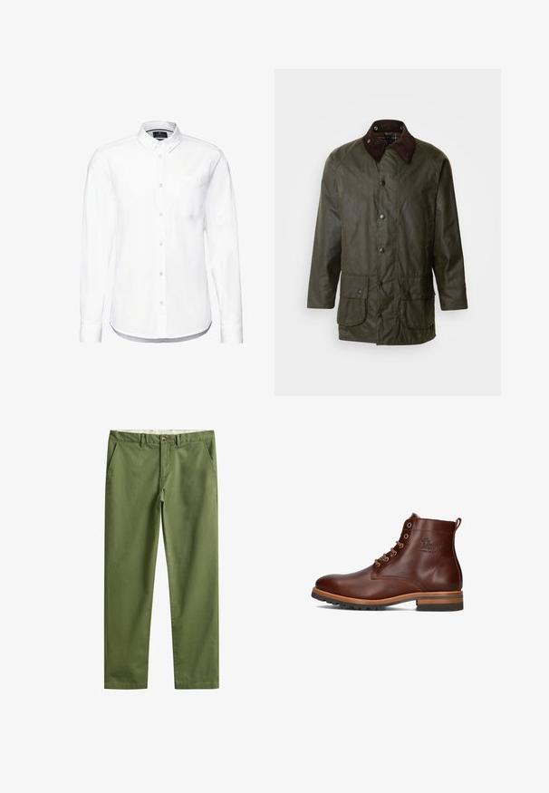 Barbour BEAUFORT - Kurzmantel - archive olive; Weißes Langarmhemd aus Baumwolle mit einem Button-Down-Kragen, Fronttasche und abgerundetem Saum mit knopfbaren Manschetten.; Olivgrüne, gerade geschnittene Hose mit Gürtelschlaufen, vorderem Knopf, Reißverschluss und seitlichen Taschen.; Braune Leder-Ankle-Boots mit runder Zehenpartie, Schnürdesign, kontrastierendem Absatz und Laufsohle sowie geprägtem Logo an der Seite.