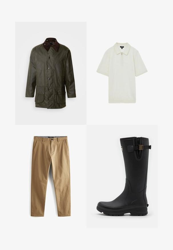 Barbour BEAUFORT - Kurzmantel - archive olive; Polohemd mit Reißverschluss in Crèmefarbe, aus weichem Stoff gefertigt, mit spitzem Kragen, kurzen Ärmeln und geradem Saum.; Next STRETCH - Stoffhose - dark sand; Barbour TEMPEST TALL WELLY - Gummistiefel - black