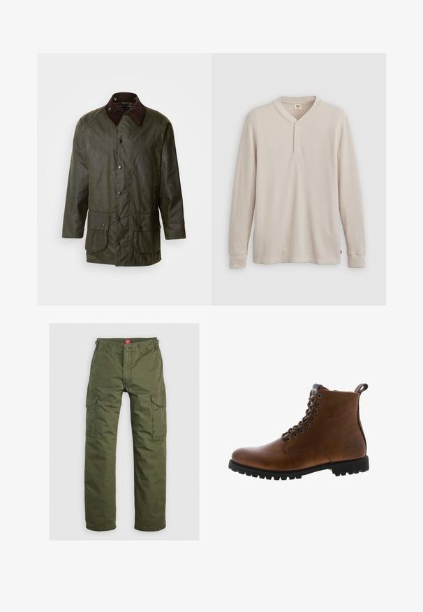 Barbour BEAUFORT - Manteau court - archive olive; T-shirt henley à manches longues en tissu côtelé beige clair, avec un col en V, une patte de boutonnage à trois boutons et des manches à poignets. Étiquette logo rouge à l'ourlet.; Pantalons cargo vert olive en tissu durable, dotés de poches latérales, d'une fermeture à bouton et d'une coupe droite.; Bottines en cuir marron avec une finition texturée, œillets en métal et semelle en caoutchouc noir à crampons. Comprend une languette à l'arrière pour un enfilage facile.