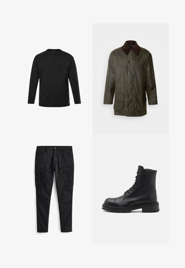 Barbour BEAUFORT - Halflange jas - archive olive; Zwarte lange mouw Henley-shirt met drie knopen en een ronde hals, eenvoudig design en rechte zoom.; Zwarte cargobroek van duurzaam materiaal, voorzien van meerdere zakken, waaronder twee zijvakken en een ritszak aan de voorkant.; AllSaints HANK - Veterboots - black