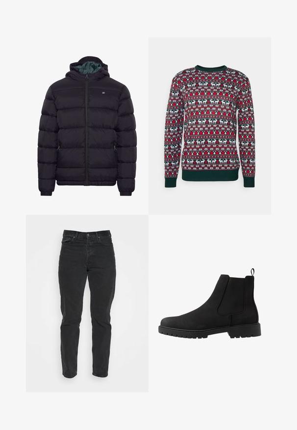Sort dunjakke med hætte, frontlynlås, to lynlåslommer i siderne og et lille brystlogo, vist på plain hvid baggrund.; Strikket sweater med rund hals, prydet med et festligt mønster i rødt, grønt og hvidt af rensdyr, træer og geometriske former. Grøn kant ved ærmerne.; Sorte denimjeans med lige pasform, fem lommer, frontlukning med knap og kontrastsyninger. Glat tekstur med let slid synligt.; Pier One UNISEX - Støvletter - black