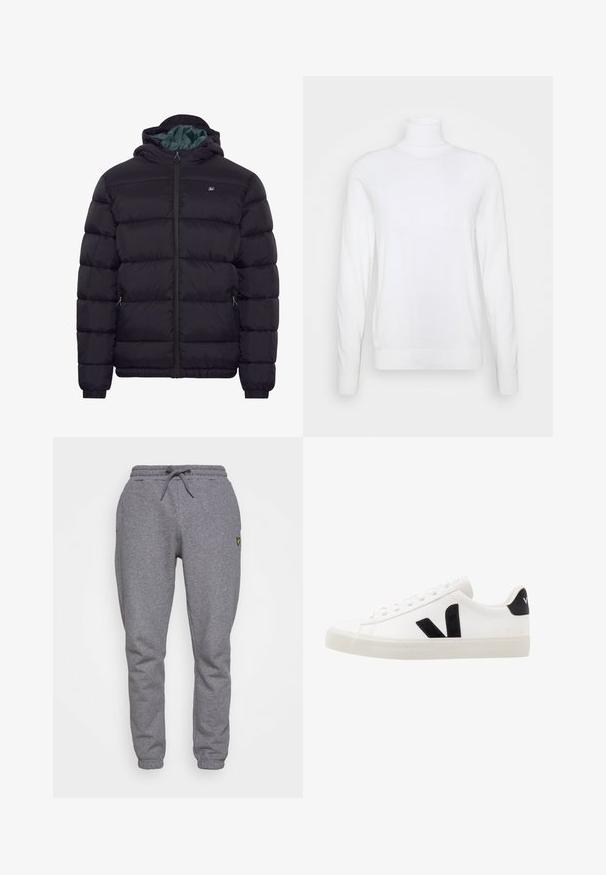 Sort dunjakke med hætte, frontlynlås, to lynlåslommer i siderne og et lille brystlogo, vist på plain hvid baggrund.; Hvid turtleneck sweater med lange ærmer, lavet af glat stof. Har et tætsiddende design og ribbede manchetter og kant. Ingen mønstre eller accenter.; Grå bomulds sweatpants med elastisk talje, snøre, sidelommer og et lille gult logo på låret. Tapered ben design.; Hvide lædersneakers med sorte ruskindsdetaljer; har en gummisål, rund tå og klassisk snørebåndsdesign. Side logo i sort.