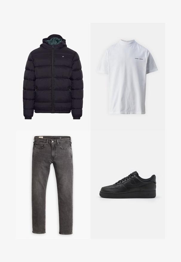Schwarze Steppjacke mit Kapuze, Frontreißverschluss, zwei seitlichen Reißverschlusstaschen und kleinem Brustlogo, auf schlichtem weißen Hintergrund dargestellt.; Weißes Baumwoll-T-Shirt mit hohem Ausschnitt und kurzen Ärmeln. Mit schwarzem "SAMSØE SAMSØE" Logo auf der Vorderseite. Glatte Textur.; Graue Jeans aus Denim mit geradem Schnitt, fünf Taschen-Design und Knopfleiste. Besitzt dezente Ausbleichungen und tonal abgestimmte Nähte.; Nike Sportswear AIR FORCE 1 07 FLYEASE - Sneaker low - black