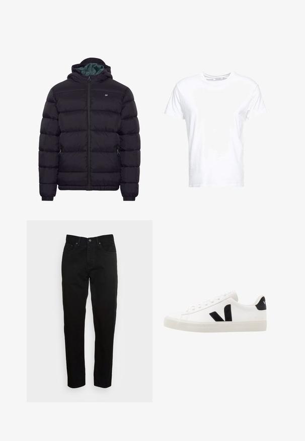 Schwarze Steppjacke mit Kapuze, Frontreißverschluss, zwei seitlichen Reißverschlusstaschen und kleinem Brustlogo, auf schlichtem weißen Hintergrund dargestellt.; Weißes Baumwoll-T-Shirt mit rundem Ausschnitt und kurzen Ärmeln, im klassischen Schnitt und mit glatter Textur. Keine sichtbaren Muster oder Hardware.; Schwarze Slim-Fit-Jeans mit vorderem Knopfverschluss und fünf Taschen-Design, vor einem schlichten hellgrauen Hintergrund präsentiert.; Weiße Leder-Sneaker mit schwarzen Wildlederelementen; verfügen über eine Gummisohle, eine runde Spitze und ein klassisches Schnürdesign. Seitliches Logo in Schwarz.