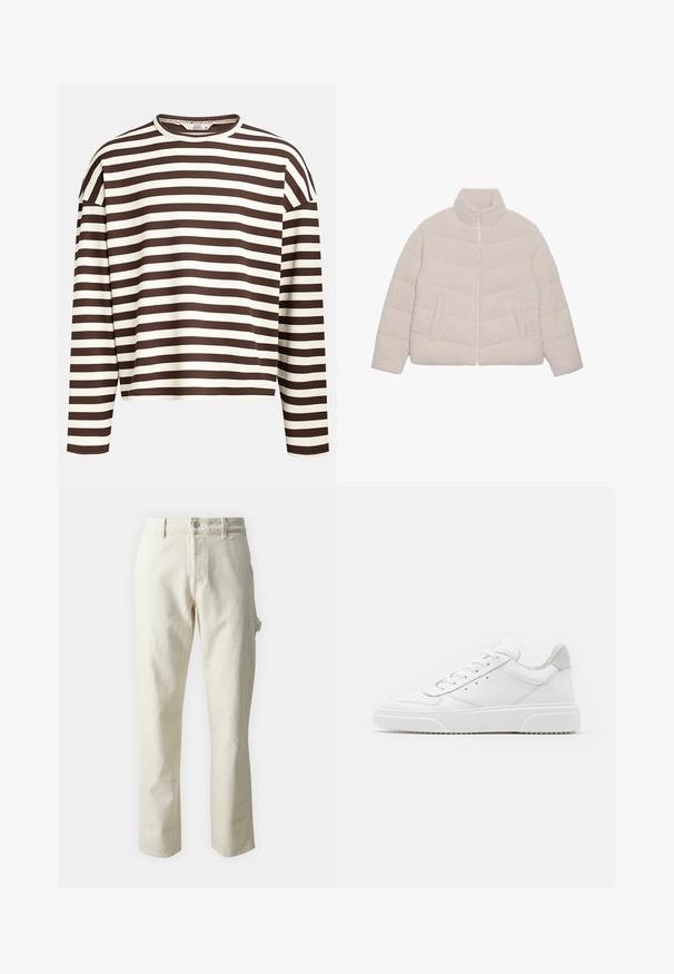 Lys beige, quiltet sherpa-fleecejakke med opretstående krave, lynlås foran og to sidelommer.; Brun og creme stribet langærmet top med en rund halsudskæring, ribbet tekstur og sænkede skuldersømme, der har en cropped pasform.; Beige lige bukser lavet af bomuld med en blød struktur, der har en frontlukning med knap og sidelommer.; Hvide lædersneakers med en glat finish, rund tå, flade snørebånd og en struktureret sål. Grå ruskindsdetalje ved hælen.