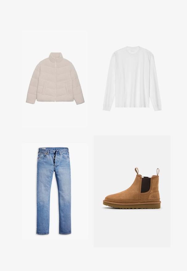 Lichtbeige, doorgestikte sherpa fleece jas met opstaande kraag, rits aan de voorkant en twee zijzakken.; Wit, lang katoen T-shirt met lange mouwen en ronde hals, met geribde manchetten en een rechte zoom, een gladde textuur en een minimalistisch ontwerp.; Lichtblauwe denim jeans met een rechte broekspijp, vijfknopen sluiting, riemlussen en subtiele vervaging. Heeft twee voorzakken en koperen klinknagels.; Bruine suède enkelboots met elastische zijpanelen en trekflappen, voorzien van een rubberen zool en een subtiel logo aan de zijkant.