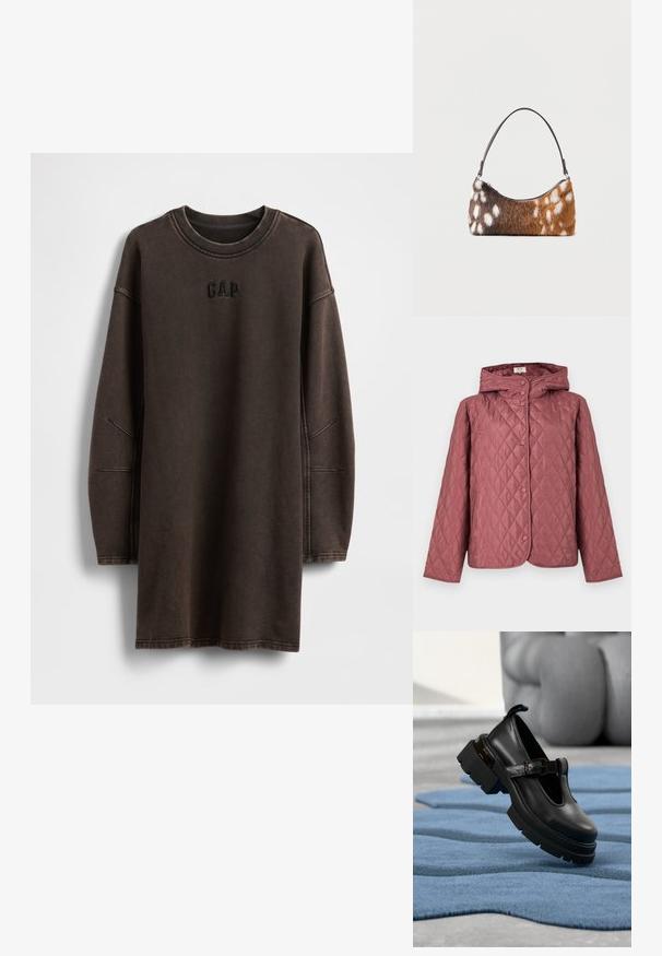 Vatteret jakke i støvet rosa, med hætte, trykknapper og sidelommer. Glat tekstur med diamantmønster over det hele.; Brun oversized sweatshirt-kjole lavet af blødt materiale, med rund halsudskæring og broderet "GAP"-logo på brystet.; Sort læder Mary Jane-sko med tyk sål og spænde, vist svævende over et blåt tekstureret tæppe på en grå gulv.; Skuldertaske med brun og hvid pletmønstret imiteret pels og en tynd sort rem, vist på en hvid baggrund.