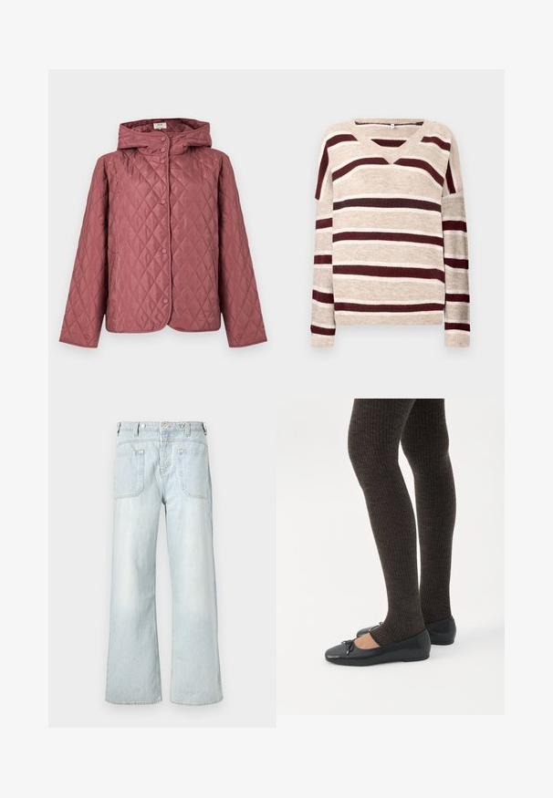 Steppjacke in staubigem Rosa mit Kapuze, Druckknöpfen und Seitentaschen. Glatte Textur mit durchgehendem Rautenmuster.; Beiger V-Ausschnitt-Pullover mit dunkelroten und cremefarbenen Streifen. Hat lange Ärmel und einen gerippten Saum. Weicher Stoff und lockere Passform.; Hellblaue, weit geschnittene Jeans aus Denim mit hoher Taille, zwei Gesäßtaschen und subtilen Verfärbungen, verziert mit gelben Nähten.; Beine in dunklen, gerippten Leggings kombiniert mit schwarzen Ballerinas mit kleinen Schleifendetails auf weißem Hintergrund.