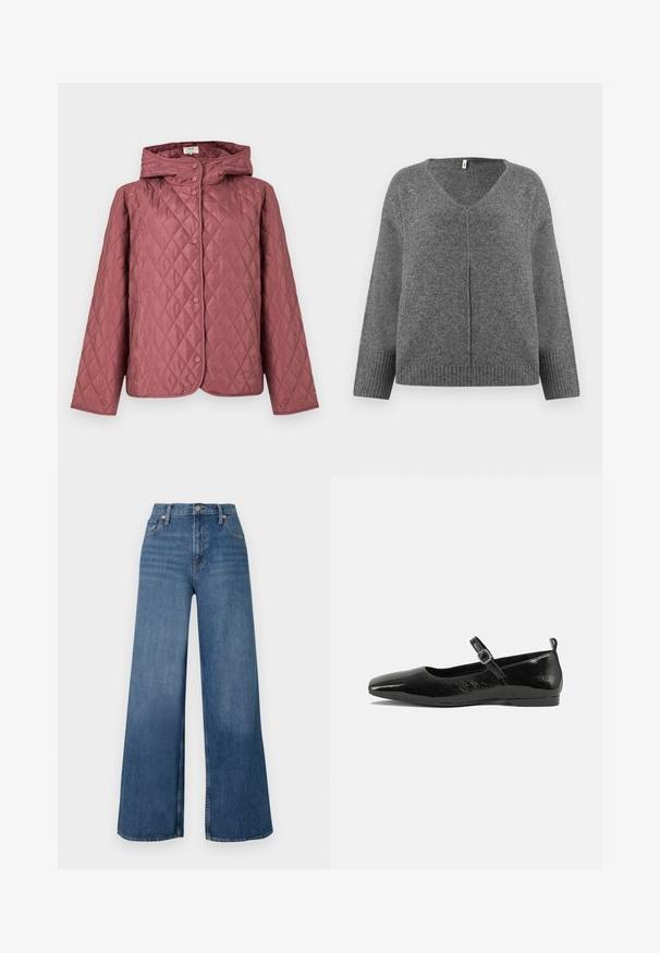Veste matelassée couleur rose poussiéreux, dotée d'une capuche, de boutons-pression et de poches latérales. Texture lisse avec un motif en losanges sur toute la surface.; Pull gris en V à manches longues, fabriqué dans un matériau doux. Présente des détails côtelés aux poignets et à l'ourlet, avec une coupe ample et décontractée.; Jeans bleu à jambes larges en denim, avec une taille haute, une fermeture à bouton à l'avant et un design classique à cinq poches. Texture lisse.; Chaussure plate en cuir verni noir avec un bout pointu, une sangle de cheville avec boucles, et une texture lisse et brillante. Talon bas pour le confort.