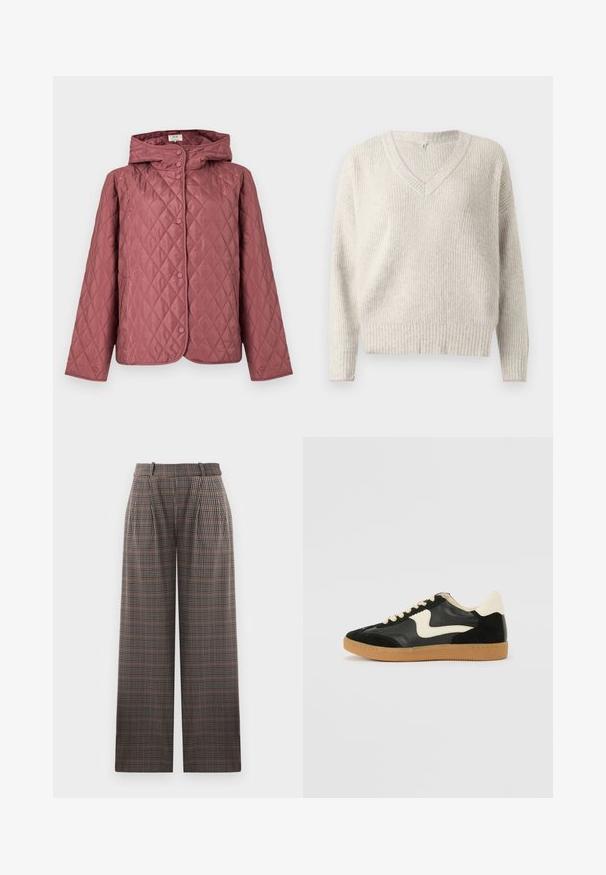 Vatteret jakke i støvet rosa, med hætte, trykknapper og sidelommer. Glat tekstur med diamantmønster over det hele.; Lys grå strikket sweater med V-hals, ribbet tekstur og lyserøde detaljer ved neckline og ærmer. Velegnet til hverdagstøj.; Rude bukser med bred benform, der har læg, høj talje og en blanding af brune, sorte og lyseblå farver.; Sorte ruskinds- og lædersneakers med en cremefarvet side-swoosh og lys cremefarvet hæl. Har beige snørebånd og en gummirubber-sål.
