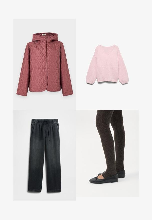 Steppjacke in staubigem Rosa mit Kapuze, Druckknöpfen und Seitentaschen. Glatte Textur mit durchgehendem Rautenmuster.; Hellrosa gestrickter Pullover mit langen Puffärmeln und einem weiten Rundhalsausschnitt, flach auf einem weißen Hintergrund liegend gezeigt.; Schwarze Jeanshose mit einem elastischen Bund und Kordelzug, weitem Bein und dezentem Used-Effekt. Mit zwei Seitentaschen.; Beine in dunklen, gerippten Leggings kombiniert mit schwarzen Ballerinas mit kleinen Schleifendetails auf weißem Hintergrund.