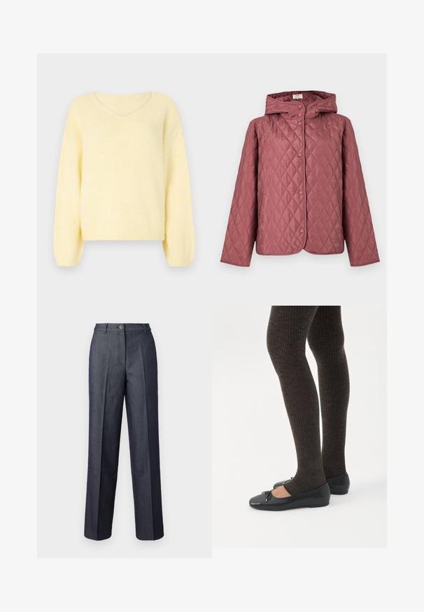 Vatteret jakke i støvet rosa, med hætte, trykknapper og sidelommer. Glat tekstur med diamantmønster over det hele.; JDY JDYDINEA L/S REVERSIBLE PULLOV. KNT NOOS - Striktrøje - pastel yellow; Mørkegrå brede bukser lavet af glat stof, med frontknaplukning, skræddersyede folder og elegante lommer.; Ben iført mørke ribbede leggings kombineret med sorte balletsko med små sløjfedetaljer på hvid baggrund.