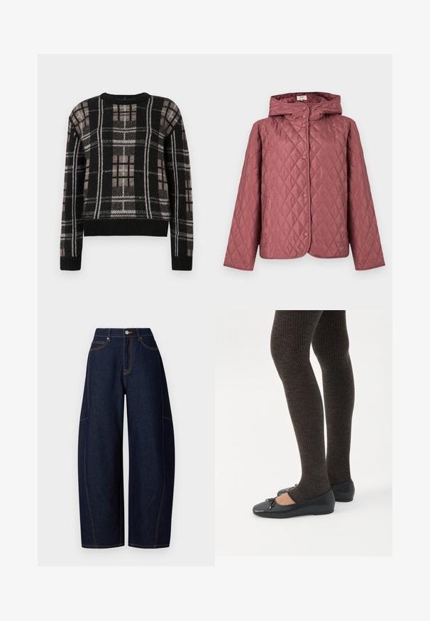 Gewatteerd jack in stoffig roze, met kap, drukknopen en zijzakken. Soepele textuur met een diamantpatroon over het hele oppervlak.; Zwarte gebreide trui met een beige en witte ruitpatroon, ronde hals, lange mouwen en ribgebreide manchetten en zoom.; Brede donkerblauwe denim broek met contrasterende oranje stiksels, vijf zakken en een knoop- en ritssluiting aan de taille.; Benen met donkere geribbelde leggings gecombineerd met zwarte ballerina's met kleine strikdetails op een witte achtergrond.