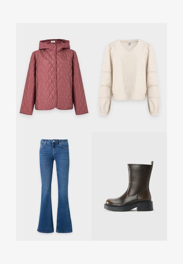 Veste matelassée couleur rose poussiéreux, dotée d'une capuche, de boutons-pression et de poches latérales. Texture lisse avec un motif en losanges sur toute la surface.; Blouse beige clair avec un col en V, de longues manches bouffantes, et des détails en dentelle autour des poignets. Fabriquée en tissu doux et texturé.; Jean en denim bleu avec jambes évasées, fermeture à bouton et zip devant, et poches avant et arrière sur un fond uni.; Botte en cuir marron foncé jusqu'au mollet avec un bout rond, épaisse semelle noire, petit talon block, et une languette à l'arrière.