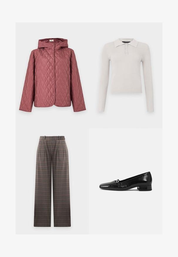 Steppjacke in staubigem Rosa mit Kapuze, Druckknöpfen und Seitentaschen. Glatte Textur mit durchgehendem Rautenmuster.; Helles graues Langarm-Polo-Shirt mit gerippter Textur, Zwei-Knopf-Leiste und klassischem Kragen. Weicher Stoff mit taillierter Passform.; Karottenhosen mit weitem Bein, aus einem karoförmigen Stoff, mit Falten, hoher Taille und einer Mischung aus Braun, Schwarz und Hellblau.; Schwarze Lackleder-Ballettschuhe mit spitzem Zehenbereich, niedrigem quadratischem Absatz und einem kleinen metallischen Schnallenakzent am Riemen. Glatte Textur.