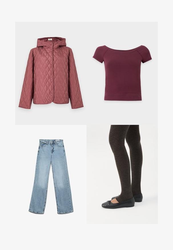 Chaqueta acolchada en rosa empolvado, con capucha, botones a presión y bolsillos laterales. Textura suave con patrón de diamantes en toda la prenda.; Top corto de manga corta, hombros descubiertos, en tejido liso burdeos oscuro con bajo y escote de canalé.; Vaqueros de tiro alto y pierna ancha en color azul claro, con cierre de botón y cremallera, bolsillos delanteros y traseros, y trabillas para cinturón.; Piernas con leggings oscuros acanalados combinados con bailarinas negras que presentan pequeños detalles de lazo sobre un fondo blanco.
