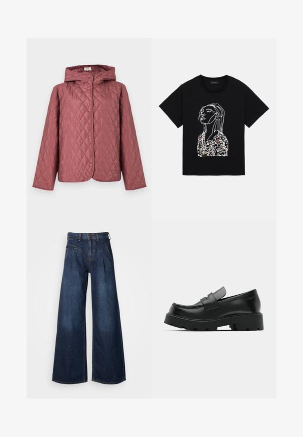 Vatteret jakke i støvet rosa, med hætte, trykknapper og sidelommer. Glat tekstur med diamantmønster over det hele.; Sort T-shirt med hvid kontinuerlig linjetegning af en kvindes ansigt og nakke, iført en blomsterprintet top i pink, beige og hvid.; Bredde ben mørke denim jeans med høj talje, der har frontfolder og subtile syninger. Glat tekstur, afslappet design.; Sorte læder loafers med en chunky tekstureret sål, der har en rem over vamps og en glat, poleret finish.