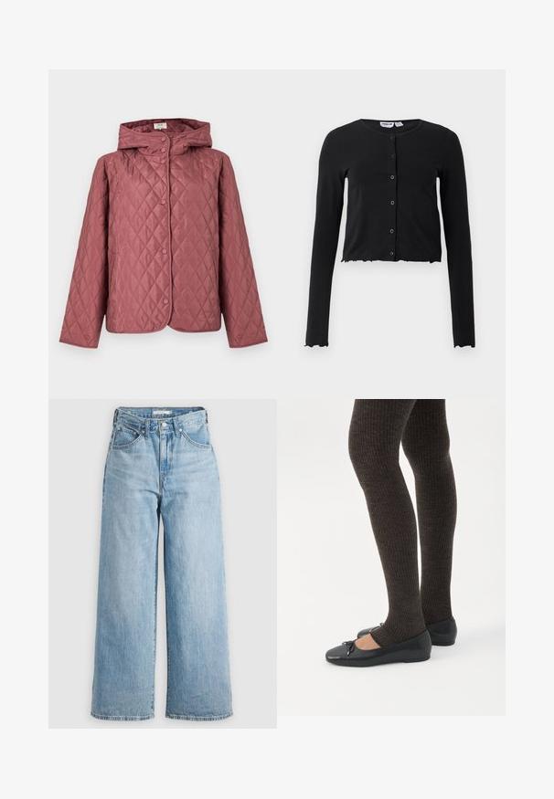 Chaqueta acolchada en rosa empolvado, con capucha, botones a presión y bolsillos laterales. Textura suave con patrón de diamantes en toda la prenda.; Cárdigan corto negro hecho de una tela suave, con mangas largas, un cuello redondo y cinco botones en la parte delantera. Con un diseño de borde festoneado.; Vaqueros de pierna ancha de color azul claro con una cintura alta, confeccionados en tejido de denimbre. Presentan un diseño clásico de cinco bolsillos y herrajes metálicos.; Piernas con leggings oscuros acanalados combinados con bailarinas negras que presentan pequeños detalles de lazo sobre un fondo blanco.