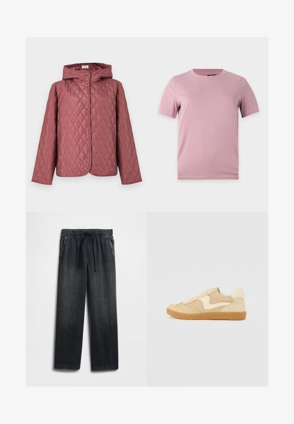 Steppjacke in staubigem Rosa mit Kapuze, Druckknöpfen und Seitentaschen. Glatte Textur mit durchgehendem Rautenmuster.; Schlichtes kurzärmeliges, weiches rosa Baumwoll-T-Shirt mit rundem Halsausschnitt, dargestellt auf einem flachen hellgrauen Hintergrund.; Schwarze Jeanshose mit einem elastischen Bund und Kordelzug, weitem Bein und dezentem Used-Effekt. Mit zwei Seitentaschen.; Beige Sneaker aus Wildleder und Mesh-Materialien, runde Form, auffälliger gepolsterter Kragen und eine Sohle aus Gummi. Verfügt über ein wellenförmiges Design-Highlight.