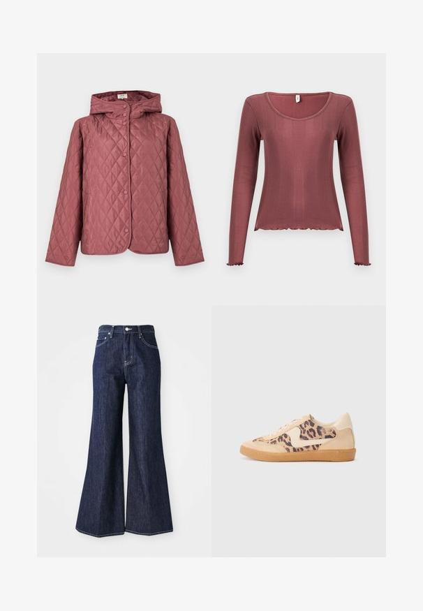 Gewatteerd jack in stoffig roze, met kap, drukknopen en zijzakken. Soepele textuur met een diamantpatroon over het hele oppervlak.; Top met lange mouwen in zachtroze, met geribbelde textuur, ronde halslijn, gegolfde zoom en manchetten, gemaakt van zacht gebreid materiaal.; Donker denim flared jeans met een hoge taille, voorzien van een knoop- en ritssluiting. Witte stiksels en brede pijpen creëren een gestructureerd silhouet.; Luipaardprint sneakers met een beige suède bovenkant, tan rubberen zool en witte accenten. Ronde neus en vetersluiting met een gestructureerde afwerking.