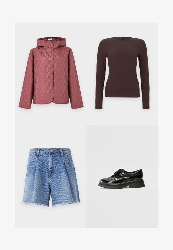 Vatteret jakke i støvet rosa, med hætte, trykknapper og sidelommer. Glat tekstur med diamantmønster over det hele.; Brun ribstrikket langærmet tætsiddende bluse med rund hals og et lille GAP-mærke ved halsen, vist på en hvid baggrund.; Lysblå denimshorts med en falmet vask, der har et gentaget "JOOP! JEANS" print over det hele. Den frynsede kant tilføjer tekstur.; Sorte patenterede lædersko i oxford-stil med broguedetaljer, lav chunky sål og rund tå. Har snørelukning og strukturerede detaljer.