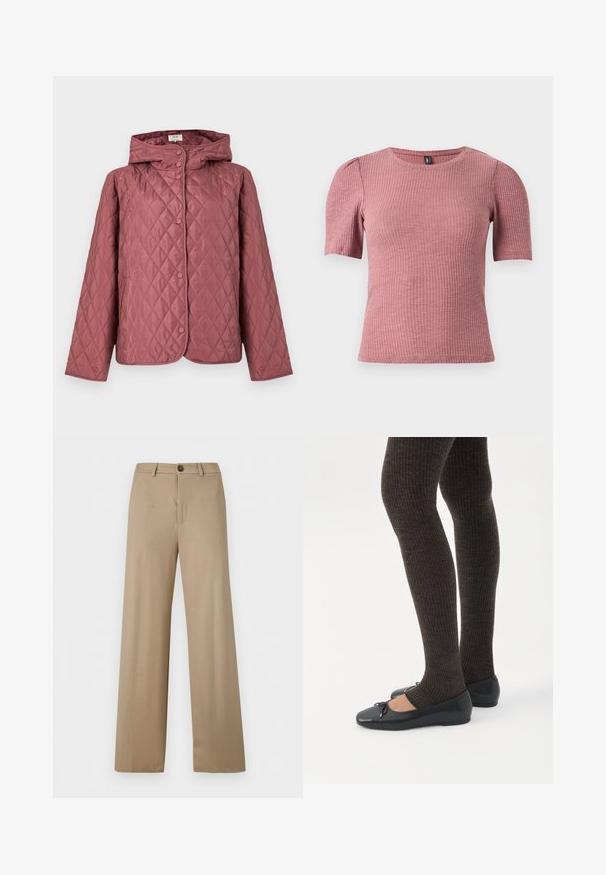 Chaqueta acolchada en rosa empolvado, con capucha, botones a presión y bolsillos laterales. Textura suave con patrón de diamantes en toda la prenda.; Top de manga corta con textura en tejido acanalado color rosa polvo. Escote redondo con hombros sutilmente abullonados. Corte ajustado, material elástico.; Pantalones beige de talle alto, pierna ancha, con trabillas para cinturón y cierre de un solo botón en la cintura.; Piernas con leggings oscuros acanalados combinados con bailarinas negras que presentan pequeños detalles de lazo sobre un fondo blanco.
