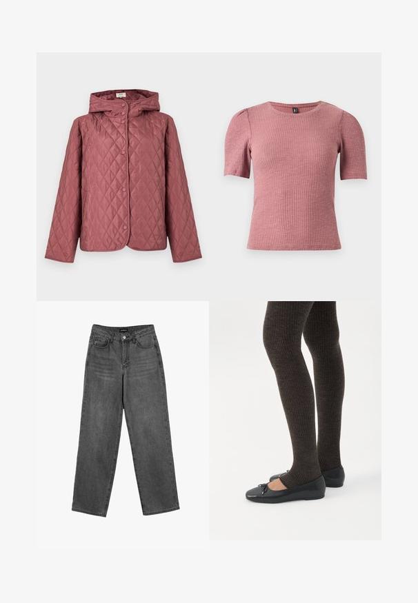 Veste matelassée couleur rose poussiéreux, dotée d'une capuche, de boutons-pression et de poches latérales. Texture lisse avec un motif en losanges sur toute la surface.; Top à manches courtes en tissu côtelé couleur rose poussière. Encolure ronde avec épaules légèrement bouffantes. Coupe ajustée, matière extensible.; Jean droit noir taille haute avec bouton avant et poches, présenté sur un fond blanc.; Jambes portant des leggings côtelés foncés associés à des ballerines noires avec de petits détails en nœud sur fond blanc.