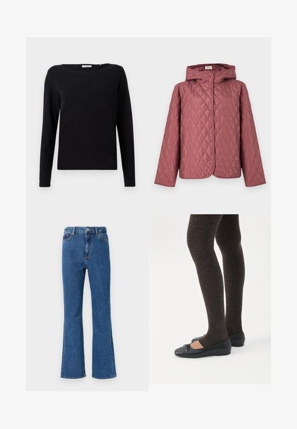 Veste matelassée couleur rose poussiéreux, dotée d'une capuche, de boutons-pression et de poches latérales. Texture lisse avec un motif en losanges sur toute la surface.; T-shirt noir à manches longues en coton. Il présente un col rond et une coupe décontractée. Texture lisse sans motifs ni accents visibles.; Jean flare taille haute en denim bleu. Les caractéristiques comprennent une fermeture boutonnée, des poches avant et des détails de couture minimalistes.; Jambes portant des leggings côtelés foncés associés à des ballerines noires avec de petits détails en nœud sur fond blanc.