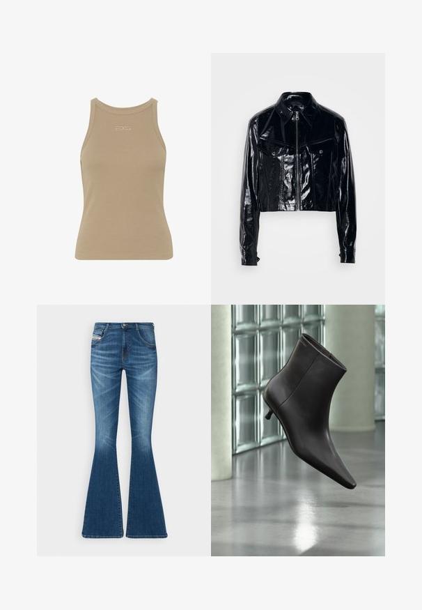 Chaqueta corta negra hecha de cuero sintético brillante. Cuenta con un cierre de cremallera, cuello puntiagudo, dos bolsillos frontales y detalles de botones.; Top sin mangas de canalé beige con escote redondo, diseño sin mangas y un pequeño logo en relieve en el centro delantera. Textura de tela suave.; Jeans acampanados en denim azul medio, con una cintura alta, diseño de cinco bolsillos y sutiles detalles de desvanecimiento en los muslos.; Bota de cuero negro para el tobillo con puntera puntiaguda y tacón pequeño, exhibida frente a una pared de bloques de vidrio y un suelo pulido.