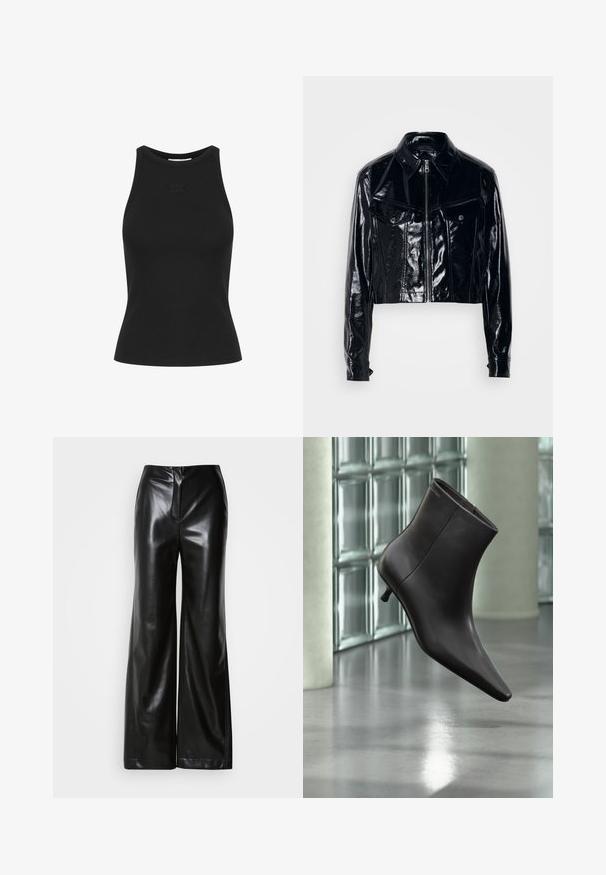 Veste noire courte en cuir verni brillant. Dotée d'une fermeture éclair, d'un col pointu, de deux poches avant et de détails en boutons.; Débardeur noir à côtes sans manches avec un col rond. Présente un logo en relief discret à l'avant. Texture lisse, design ajusté.; Pantalons larges en cuir noir avec une texture lisse, taille haute et fermeture éclair frontale dissimulée. Coupe ajustée avec une finition soignée.; Bottine en cuir noir avec bout pointu et petit talon, présentée devant un mur en blocs de verre et un sol poli.
