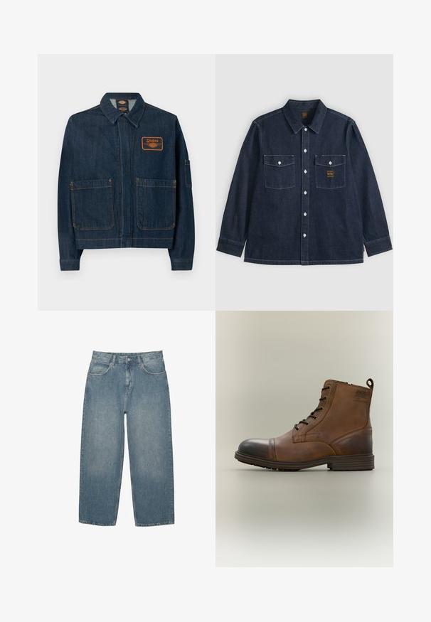 Donkerblauwe denim werkjas met twee voorzakken, een kraag en een oranje Dickies-logo op de linkerborst.; Donkerblauw denim overhemd met lange mouwen, knoopsluiting aan de voorkant, twee borstzakken met knoopklepjes en zichtbare witte stiksels.; Blauwe high-waisted straight-leg jeans met voorzakken, riemlussen, knoopsluiting en subtiele vervaging op een witte achtergrond.; Bruine leren enkellaars met veters, zwarte neuskap, ronde zool en merkdetail aan de zijkant tegen een effen achtergrond.