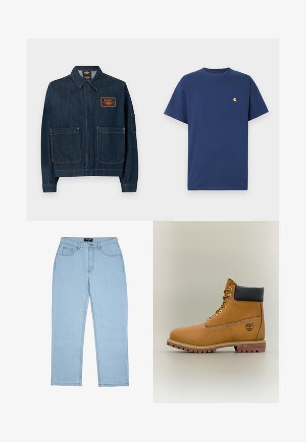Donkerblauwe denim werkjas met twee voorzakken, een kraag en een oranje Dickies-logo op de linkerborst.; Marineblauwe katoenen t-shirt met korte mouwen, ronde hals en een klein geel logo op de linkerkant van de borst. Glad textuur, relaxte pasvorm.; Lichtblauwe jeans met rechte pijpen, voorzakken, riemlussen, knoopsluiting en zichtbare stikdetails.; Bruine leren enkellaars met zwarte kraag, gele veters en een zandkleurige zool. Voorzien van een logo en witte stikseldetails. Robuuste loopzool met grip.