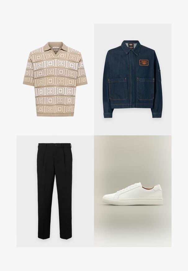 Veste de travail en denim bleu foncé avec deux poches avant, un col et un patch orange Dickies sur la poitrine gauche.; Polo en maille beige à manches courtes avec motifs géométriques carrés et losanges en beige et blanc, col et poignets côtelés.; Pantalon noir à coupe droite, avec fermeture à bouton, passants de ceinture, plis latéraux et texture lisse. Pas de poches visibles.; Baskets blanches basses avec fermeture à lacets et semelle plate, vues de côté sur un fond neutre.