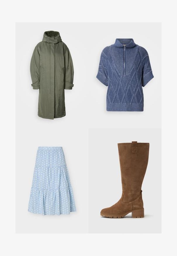 Olivengrøn parka med en struktureret, fleeceforet hætte. Har en lynlås foran, sidelommer og brede ærmer. Glat, let materiale.; Blå strikket sweater med lynlås i høj krave, korte ærmer og diamantmønstre. Struktureret stof med kontrasterende lyse tråde.; Lyseblå lagdelt nederdel med hvide prikker, elastisk talje og samlet stofpaneler for en flydende silhuet.; Tamaris Høje støvler/ Støvler - brown