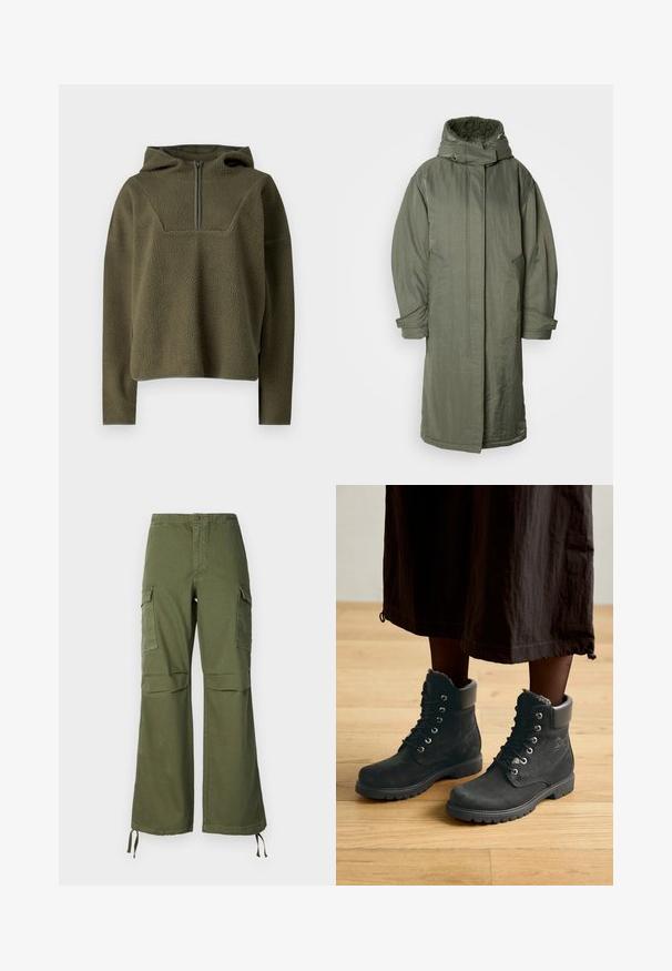 Olivovo zelená parka s textúrovanou, fleecovu podšívkou v kapucni. Obsahuje predný zips, bočné vrecká a široké rukávy. Hladký, ľahký materiál.; Olivovo zelený polarový pulóver s kapucňou, polovičným zipsom vpredu, textúrovanou látkou a kontrastným lemom na spodnom okraji a manžetách.; Olivové zelené nohavice typu cargo z bavlny, s voľným strihom, dvomi bočnými vreckami a nastaviteľnými šnúrkami na leme.; Čierne semišové členkové topánky s kožušinovým golierom, okrúhlou špičkou, šnurovaním vpredu a robustnou gumovou podrážkou, umiestnené na drevenej podlahe.
