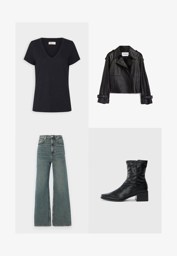 Chaqueta recortada de cuero negro con diseño de doble faz, amplias solapas, bolsillos laterales y detalles de cinturón en las mangas. Etiqueta de la marca visible.; Camiseta negra de manga corta con cuello en V, dobladillo recto y una pequeña etiqueta de marca en el interior del cuello.; Vaqueros de pierna ancha de talle alto en un denim azul desgastado, con un estilo clásico de cinco bolsillos y cierre de cremallera con botón.; Bota de cuero negra a media pantorrilla con punta cuadrada, cremallera lateral y tacón ancho sobre un fondo blanco liso.