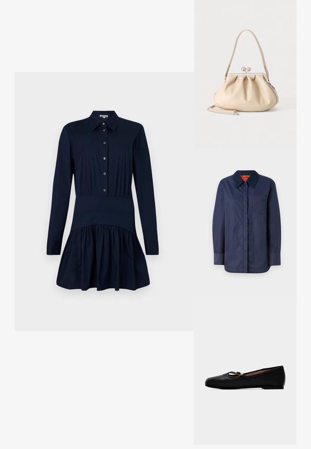Veste à manches longues bleu marine avec un col pointu, une poche avant et une texture lisse. Présente une doublure intérieure contrastée en rouge et jaune.; Robe chemise bleu marine avec un devant à boutons, des manches longues, une taille cintrée et une jupe évasée avec un détail froncé à l'ourlet.; Chaussure plate en cuir noir avec une fine bride et une petite boucle dorée en forme de cœur, bout arrondi et petit talon.; Sac à main en cuir souple beige avec un fermoir en métal argenté, une bandoulière simple et une bandoulière chaîne optionnelle sur fond blanc.