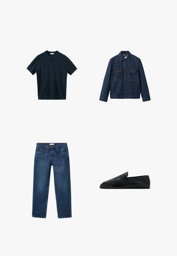 Veste en denim bleu foncé avec fermeture à boutons, deux poches avant à rabat, manches longues et col pointu.; Pull en maille bleu marine foncé à manches courtes avec col rond, présenté sur un fond blanc uni.; Jean en denim bleu foncé avec une coupe droite, cinq poches et une ceinture munie d'une passants pour ceinture. Style classique avec des détails de couture subtils.; Mocassin noir en cuir sans lacets avec un petit talon et un bout arrondi, montré de profil sur fond blanc.