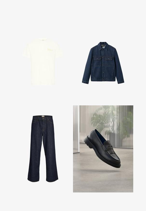 Veste en denim bleu foncé avec fermeture à boutons, deux poches avant à rabat, manches longues et col pointu.; T-shirt blanc à manches courtes avec col rond et petit texte "Soulscape" en jaune pâle sur la poitrine gauche, design simple.; Jeans en denim bleu foncé à jambes larges, avec une fermeture éclair à l'avant, cinq poches et des coutures contrastées. Les extrémités sont effilochées.; Mocassins noirs en cuir à finition lisse, avec une bride décorative et un panneau texturé à l'avant, ainsi qu'une semelle en caoutchouc texturée.