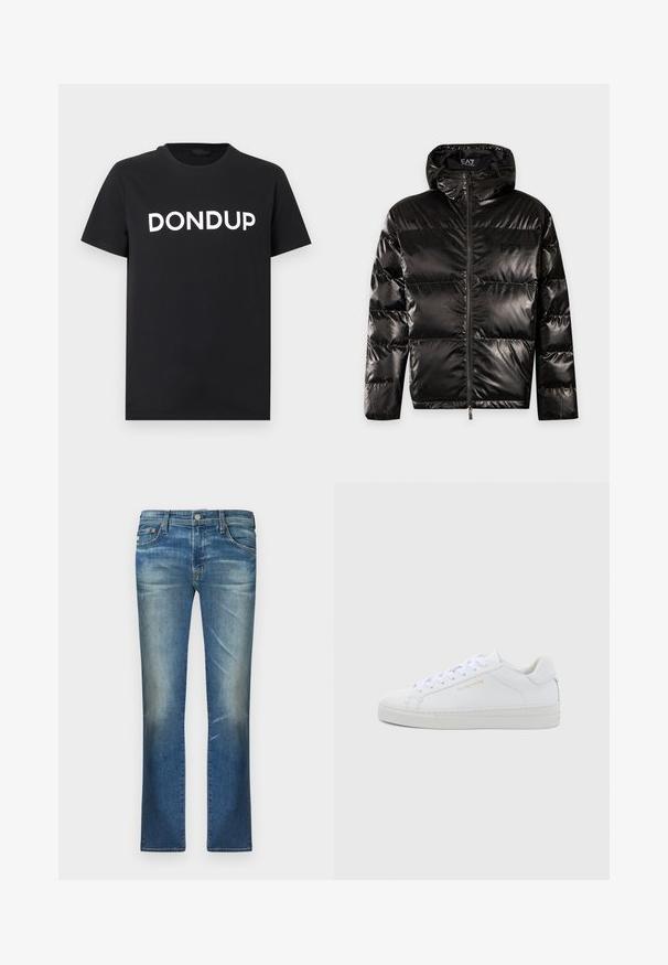 Doudoune noire brillante avec capuche, fermeture éclair sur le devant et motif discret du logo EA7 Emporio Armani sur l'ensemble du tissu.; T-shirt noir à manches courtes avec col rond, arborant en lettres majuscules blanches "DONDUP" centrées sur le devant, sur un fond uni.; Jeans en denim bleu clair avec une coupe slim, devant délavé, jambes droites, design traditionnel à cinq poches, et fermeture à bouton en métal à la taille.; Baskets basses en cuir blanc avec bout rond, lacets plats, semelle texturée et logo discret doré sur le côté. Surface lisse et design minimaliste.