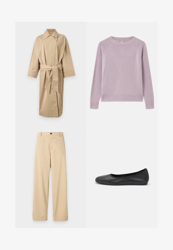 Gabardina beige hasta la rodilla con mangas anchas, cuello con muesca, parte delantera cruzada y un cinturón a juego atado a la cintura.; Suéter de punto lila claro con dobladillo y puños acanalados, mangas raglán y escote redondo. Textura suave y diseño sin costuras.; Pantalones de algodón beiges con un diseño de pierna recta, que cuentan con una cremallera frontal, un botón negro y dos bolsillos laterales.; Bailarina de piel negra con punta redondeada, textura suave, detalle de costura minimalista y diseño de suela flexible.