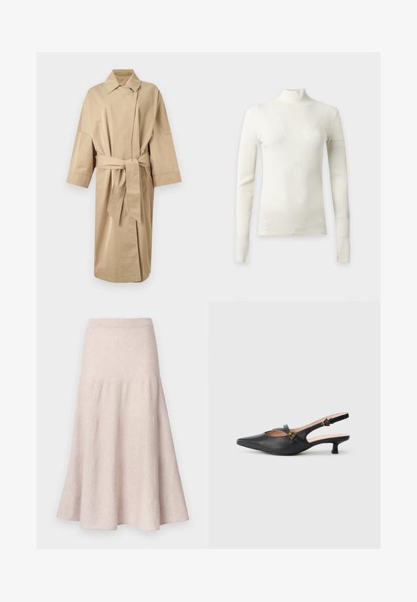 Gabardina beige hasta la rodilla con mangas anchas, cuello con muesca, parte delantera cruzada y un cinturón a juego atado a la cintura.; Top de cuello alto de manga larga con canalé de color crema, hecho de tela elástica, mostrado plano sobre un fondo blanco.; Falda acampanada de color beige claro hecha de tela suave, con cintura alta y diseño fruncido con una silueta fluida.; Zapato de salón slingback de cuero negro con puntera puntiaguda, tacón pequeño, diseño recortado y detalle de hebilla dorada en la correa.