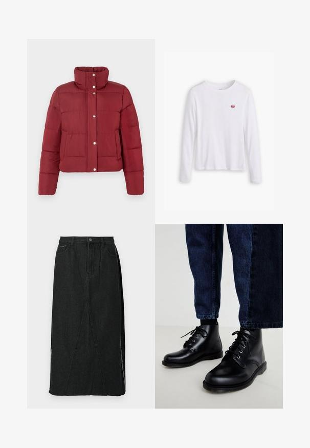 Rode pufferjack met een hoge kraag, drukknopsluiting aan de voorkant en een horizontaal gewatteerd patroon. Heeft lange mouwen en twee voorkruiszakken.; Witte lange mouwen shirt van zachte katoen. Bevat een klein rood Levi's logo op de linkerborst. Klassiek ronde hals ontwerp.; Zwarte spijkerrok met een hoge taille, rechte snit en unieke schuine naden. Voorzien van zijsplitten en een knoopsluiting in de taille.; Zwarte leren enkellaarzen met ronde neuzen, een vetersluiting, zilveren veteroogjes en getextureerde zolen, gecombineerd met donkerblauwe spijkerbroeken.