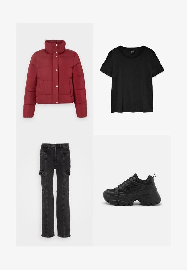 Rote Größe puffer Jacke mit einem hohen Kragen, Druckknopfverschluss und horizontal gestepptem Muster. Verfügt über lange Ärmel und zwei Vordertaschen.; Schwarzes Kurzarm-T-Shirt aus weichem Stoff. Verfügt über einen klassischen Rundhalsausschnitt und einen lockeren Schnitt mit geradem Saum.; GAP 90S LOOSE HAINE - Jeans Relaxed Fit - black wash; Schwarze Sportschuhe mit einem strukturierten Mesh-Obermaterial, einer gewölbten Gummisohle und einem auffälligen Profilmuster. Mit integriertem Schnürsystem und Zuglasche.