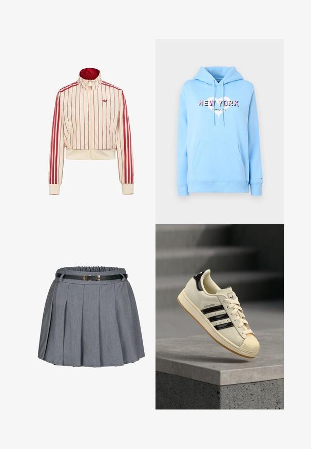 Kremfarvet lynlåstrøje med røde lodrette striber, rød Adidas-logo på brystet og røde striber langs ærmerne.; Lyseblå hættetrøje med en frontlomme. Udsmykket med et trykt "NEW YORK" logo i pink og sort, med et hjerte-design.; Grå plisseret nederdel med en samlet talje og et sort bælte med en guldbuckle detalje. Blødt stof med en glat tekstur.; Off-white Adidas Superstar sneaker med sorte striber og hælkappe, cremefarvet shell toe og sål i gummigummi, vist i luften over en betonoverflade.