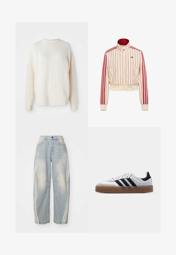 Kermanvärinen vetoketjullinen takki, jossa punaiset pystysuorat raidat, punainen Adidas-logo rinnassa ja punaiset raidat hihoissa.; Valkoinen, ylisuurikokoinen fleece-paita, jossa on ribbireunat hihoissa ja helmassa. Vasemmassa rinnassa pieni, sävyä vastaava logo. Pehmeä tekstuuri ja rento istuvuus.; Vaaleansiniset farkut, joissa on löysä malli, valkoiset raidat sivuilla, kulutettu yksityiskohta ja nappikiinnitys vyötäröllä.; Valkoiset nahkakengät, joissa on mustat raidat, kumipohja, pyöreä varvas, nauhakiinnitys ja pehmeä harmaa mokkanahkakärki.