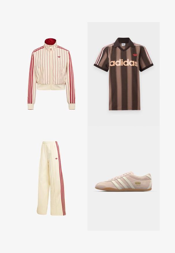 Roomkleurige jas met rits, rode verticale strepen, rood Adidas-logo op de borst en rode strepen langs de mouwen.; Bruine gestreepte Adidas polo met V-hals, bordeauxrode kraag en rood logo. Heeft witte en rode schouderstrepen, korte mouwen.; Crèmekleurige wijde trainingsbroek met rode zijstrepen, elastische tailleband, ritssluitingzak en rood Adidas-logo op de dij.; adidas Originals TOKYO - Sneakers laag - quartz/off white