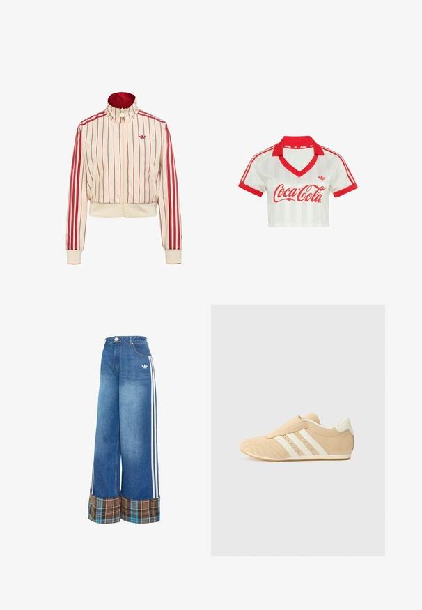 Cremefarbene Zip-Up-Jacke mit roten vertikalen Streifen, rotem Adidas-Logo auf der Brust und roten Streifen an den Ärmeln.; Weißes Crop-Top mit rotem Kragen und Bündchen, roten Adidas-Streifen an den Ärmeln und rotem Coca-Cola-Logo auf der Brust.; Weit geschnittene Jeanshosen in Hellblau, mit weißen Seitenstreifen und einem braunen karierten Bündchen. Hergestellt aus einem weichen, strukturierten Stoff.; Tan- und cremefarbene Sportschuhe mit einem glatten Lederoberteil, drei weißen Streifen an der Seite und einer abgerundeten Zehenpartie. Strukturiertes Obermaterial mit Perforationen.