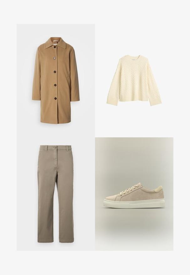 Manteau en laine couleur caramel avec une coupe droite, grand col et cinq boutons foncés. Comprend des poches latérales et une texture douce.; Pull en tricot couleur crème avec un motif en chevrons texturé, encolure arrondie, et poignets et ourlet côtelés. Coupe ample avec des épaules tombantes.; Chino en coton kaki avec une coupe droite, dotés d'un bouton à l'avant, de poches latérales et d'une texture lisse. Pas de motifs ou d'accents visibles.; Baskets basses en daim beige avec semelle en caoutchouc crème et lacets assortis, vues de côté sur un fond neutre.